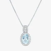 Womens Simulated Blue Aquamarine Sterling Silver Oval Pendant Necklace