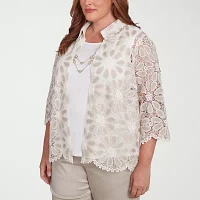 Alfred Dunner Coming Up Roses Womens 3/4 Sleeve Layered Top Plus