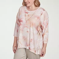 Alfred Dunner Coming Up Roses Womens Plus Crew Neck 3/4 Sleeve T-Shirt