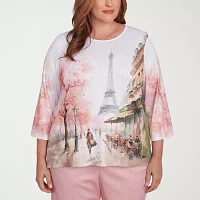 Alfred Dunner Coming Up Roses Womens Plus Crew Neck 3/4 Sleeve T-Shirt