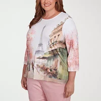 Alfred Dunner Coming Up Roses Womens Plus Crew Neck 3/4 Sleeve T-Shirt