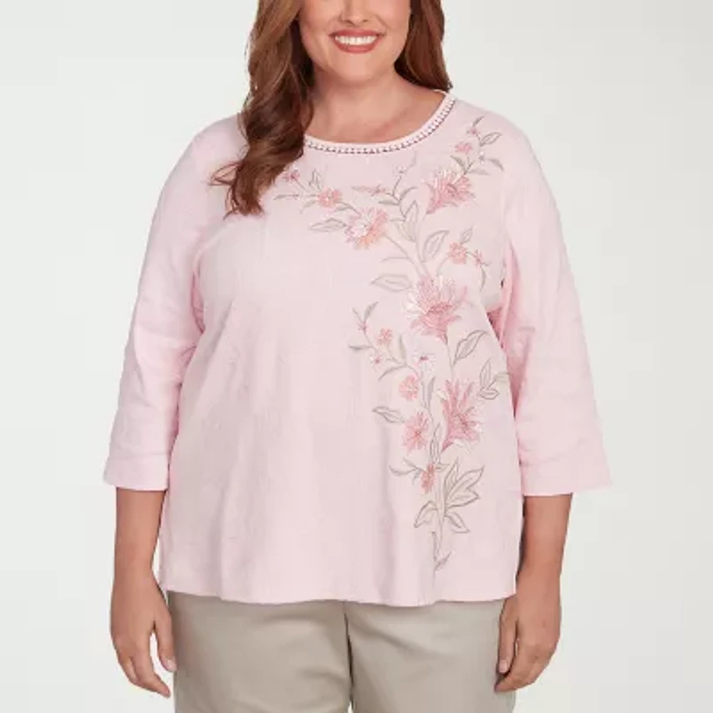 Alfred Dunner Coming Up Roses Womens Plus Crew Neck 3/4 Sleeve T-Shirt