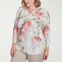 Alfred Dunner Coming Up Roses Womens Plus Split Crew Neck 3/4 Sleeve T-Shirt