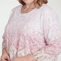 Alfred Dunner Coming Up Roses Womens Plus Crew Neck 3/4 Sleeve T-Shirt