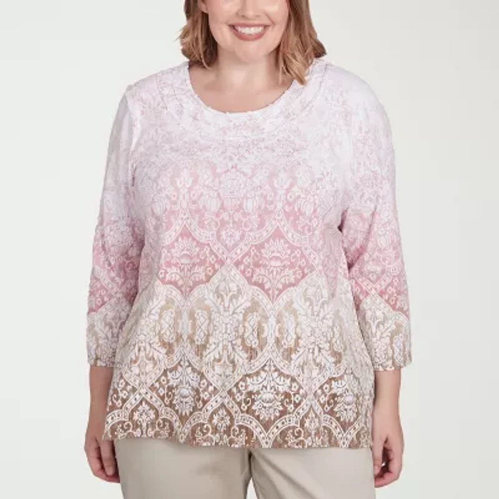Alfred Dunner Coming Up Roses Womens Plus Crew Neck 3/4 Sleeve T-Shirt