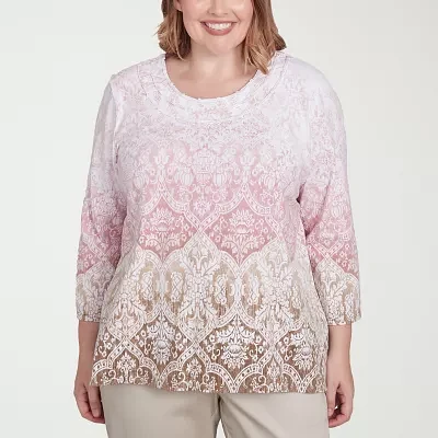 Alfred Dunner Coming Up Roses Womens Plus Crew Neck 3/4 Sleeve T-Shirt