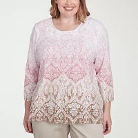 Alfred Dunner Coming Up Roses Womens Plus Crew Neck 3/4 Sleeve T-Shirt
