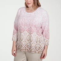 Alfred Dunner Coming Up Roses Womens Plus Crew Neck 3/4 Sleeve T-Shirt