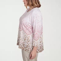 Alfred Dunner Coming Up Roses Womens Plus Crew Neck 3/4 Sleeve T-Shirt