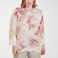 Alfred Dunner Plus Coming Up Roses Womens Crew Neck 3/4 Sleeve Floral Pullover Sweater