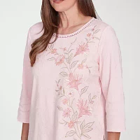 Alfred Dunner Coming Up Roses Womens Crew Neck 3/4 Sleeve T-Shirt