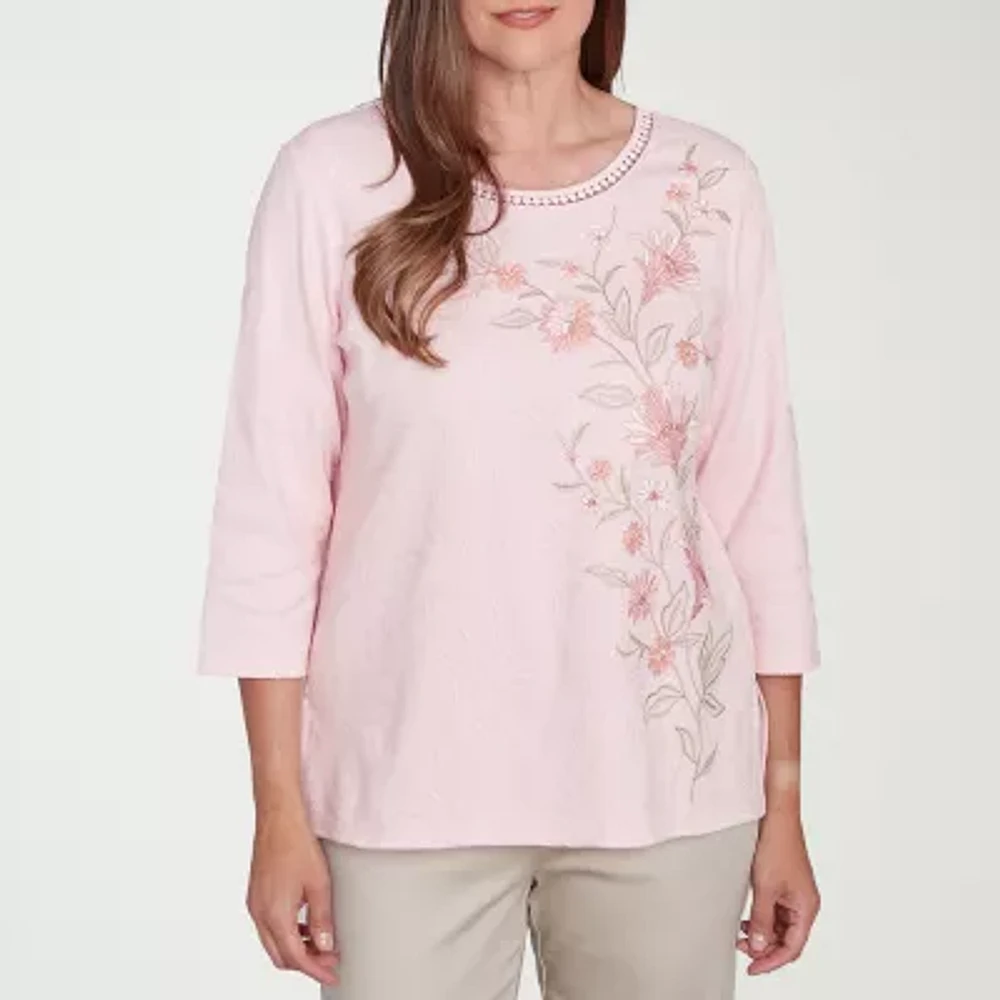 Alfred Dunner Coming Up Roses Womens Crew Neck 3/4 Sleeve T-Shirt