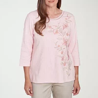 Alfred Dunner Coming Up Roses Womens Crew Neck 3/4 Sleeve T-Shirt