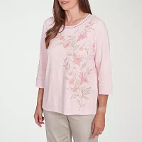 Alfred Dunner Coming Up Roses Womens Crew Neck 3/4 Sleeve T-Shirt