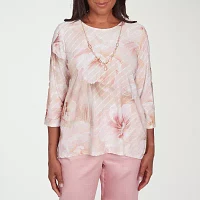 Alfred Dunner Coming Up Roses Womens Crew Neck 3/4 Sleeve T-Shirt