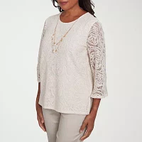 Alfred Dunner Coming Up Roses Womens Crew Neck 3/4 Sleeve Lace Lined Blouse