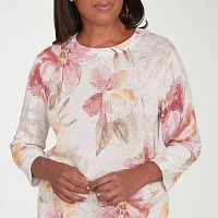 Alfred Dunner Coming Up Roses Womens Crew Neck 3/4 Sleeve Floral Pullover Sweater