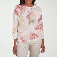 Alfred Dunner Coming Up Roses Womens Crew Neck 3/4 Sleeve Floral Pullover Sweater