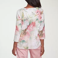 Alfred Dunner Coming Up Roses Womens Split Crew Neck 3/4 Sleeve T-Shirt