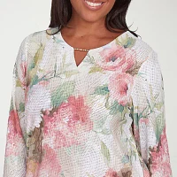 Alfred Dunner Coming Up Roses Womens Split Crew Neck 3/4 Sleeve T-Shirt
