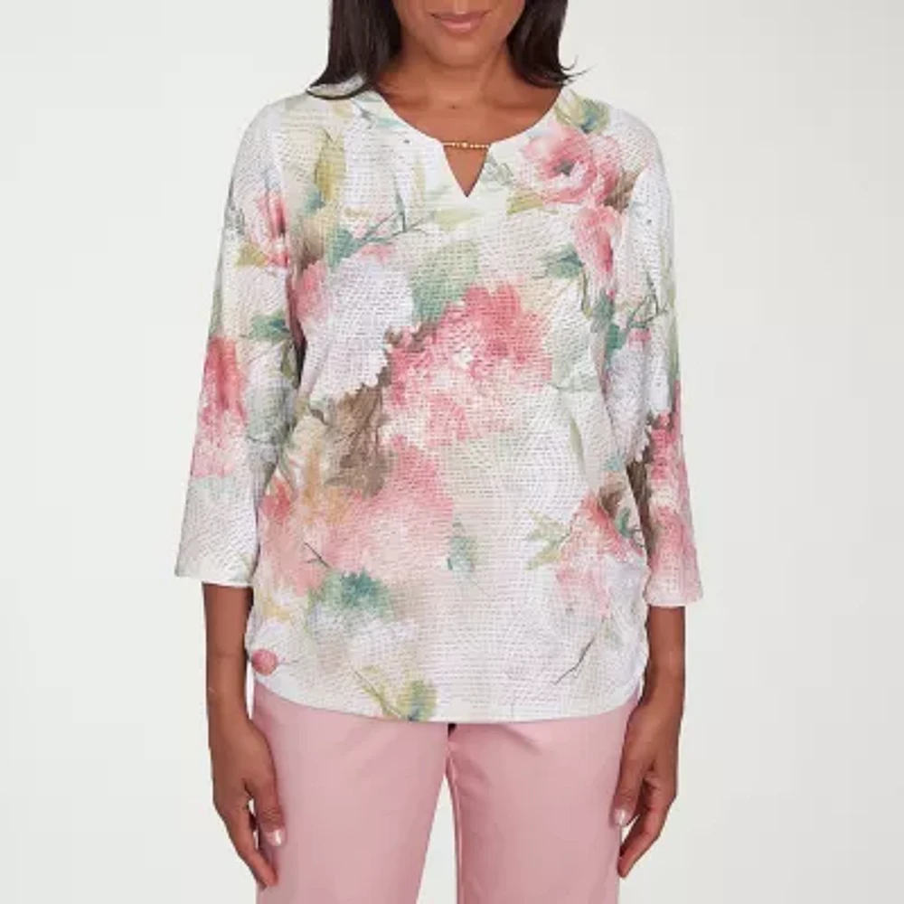 Alfred Dunner Coming Up Roses Womens Split Crew Neck 3/4 Sleeve T-Shirt