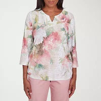 Alfred Dunner Coming Up Roses Womens Split Crew Neck 3/4 Sleeve T-Shirt