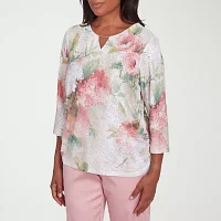 Alfred Dunner Coming Up Roses Womens Split Crew Neck 3/4 Sleeve T-Shirt