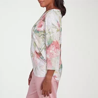 Alfred Dunner Coming Up Roses Womens Split Crew Neck 3/4 Sleeve T-Shirt