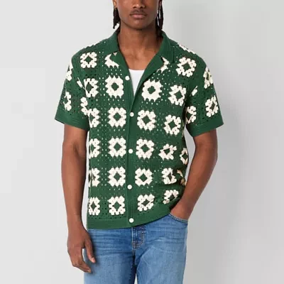 Arizona Mens Crochet Style Button Front Sweater