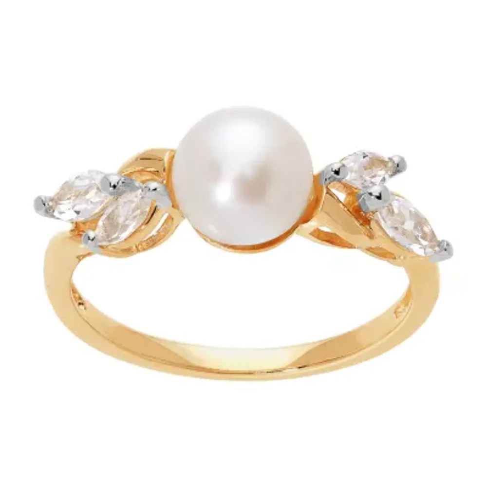 Certified Sofia Cultured Freshwater Pearl and Lab Created White Sapphire 10K Gold Cocktail Ring