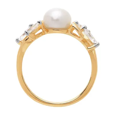 Certified Sofia Cultured Freshwater Pearl and Lab Created White Sapphire 10K Gold Cocktail Ring