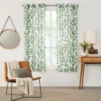 Fieldcrest Arden Botanical Leaf Cotton Sheer Grommet Top Single Curtain Panel