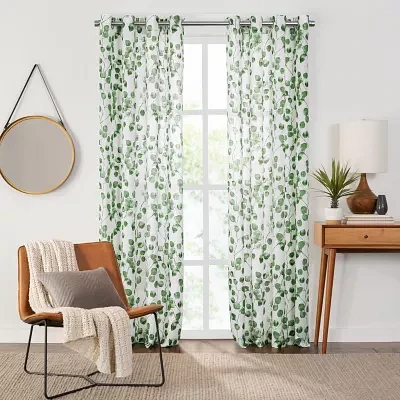 Fieldcrest Arden Botanical Leaf Cotton Grommet Top Sheer Single Curtain Panels