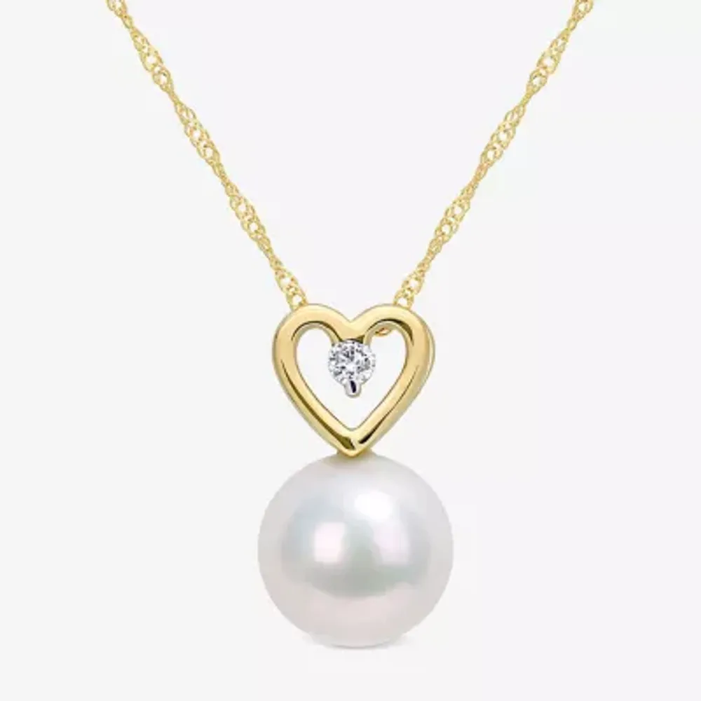 Womens Diamond Accent White Cultured Freshwater Pearl 10K Gold Heart Pendant Necklaces