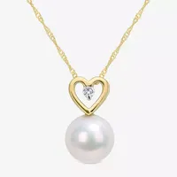 Womens Diamond Accent White Cultured Freshwater Pearl 10K Gold Heart Pendant Necklace