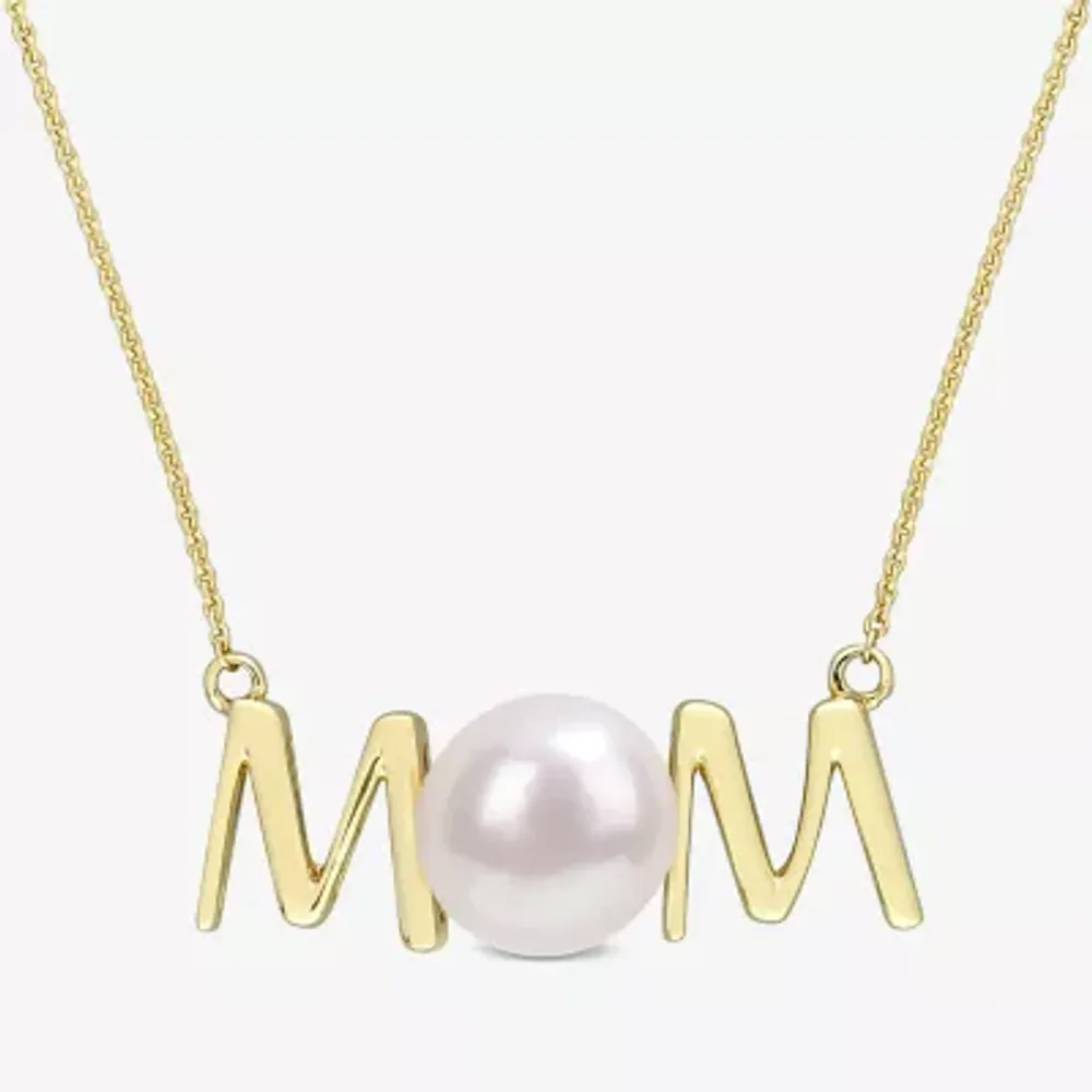 Mom" Womens White Cultured Freshwater Pearl 10K Gold Pendant Necklaces