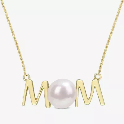 Mom" Womens White Cultured Freshwater Pearl 10K Gold Pendant Necklaces