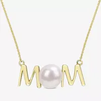 Mom" Womens White Cultured Freshwater Pearl 10K Gold Pendant Necklace