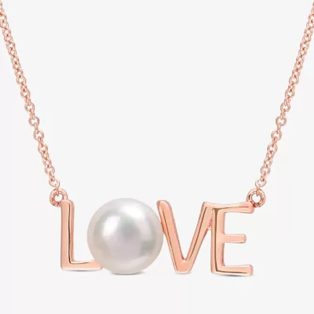 Love" Womens White Cultured Freshwater Pearl 10K Rose Gold Pendant Necklaces