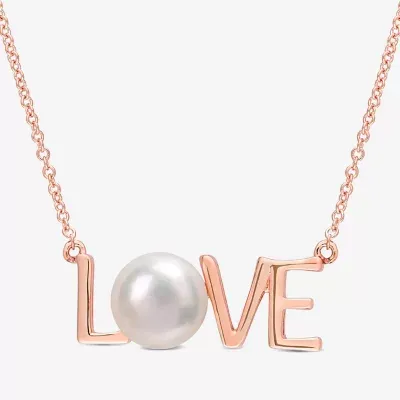 Love" Womens White Cultured Freshwater Pearl 10K Rose Gold Pendant Necklaces