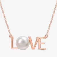 Love" Womens White Cultured Freshwater Pearl 10K Rose Gold Pendant Necklace