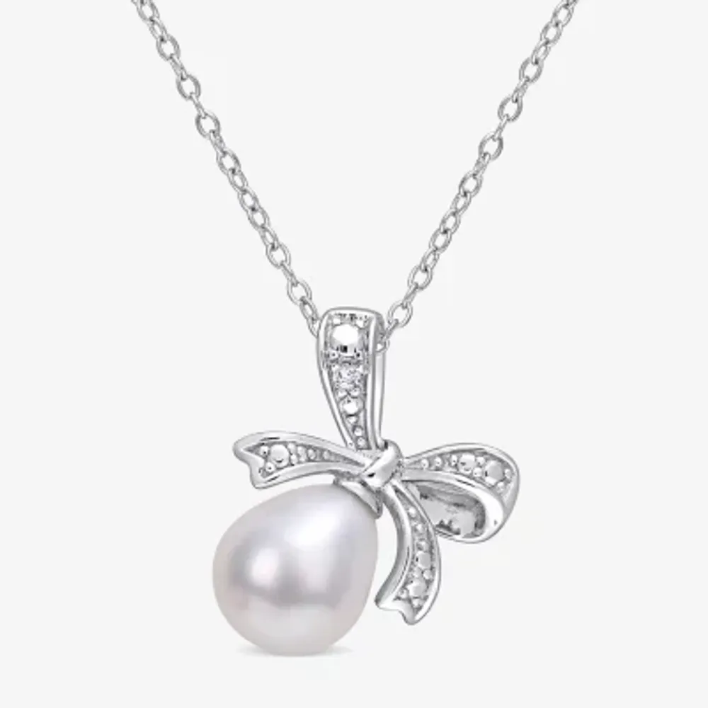 Womens Diamond Accent White Cultured Freshwater Pearl Sterling Silver Bow Pendant Necklaces