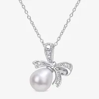 Womens Diamond Accent White Cultured Freshwater Pearl Sterling Silver Bow Pendant Necklace