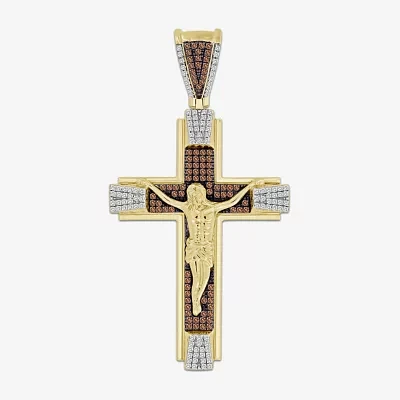 "Crucifix" Mens 1/2 CT. T.W. Natural Brown Diamond 10K Gold Cross Pendants