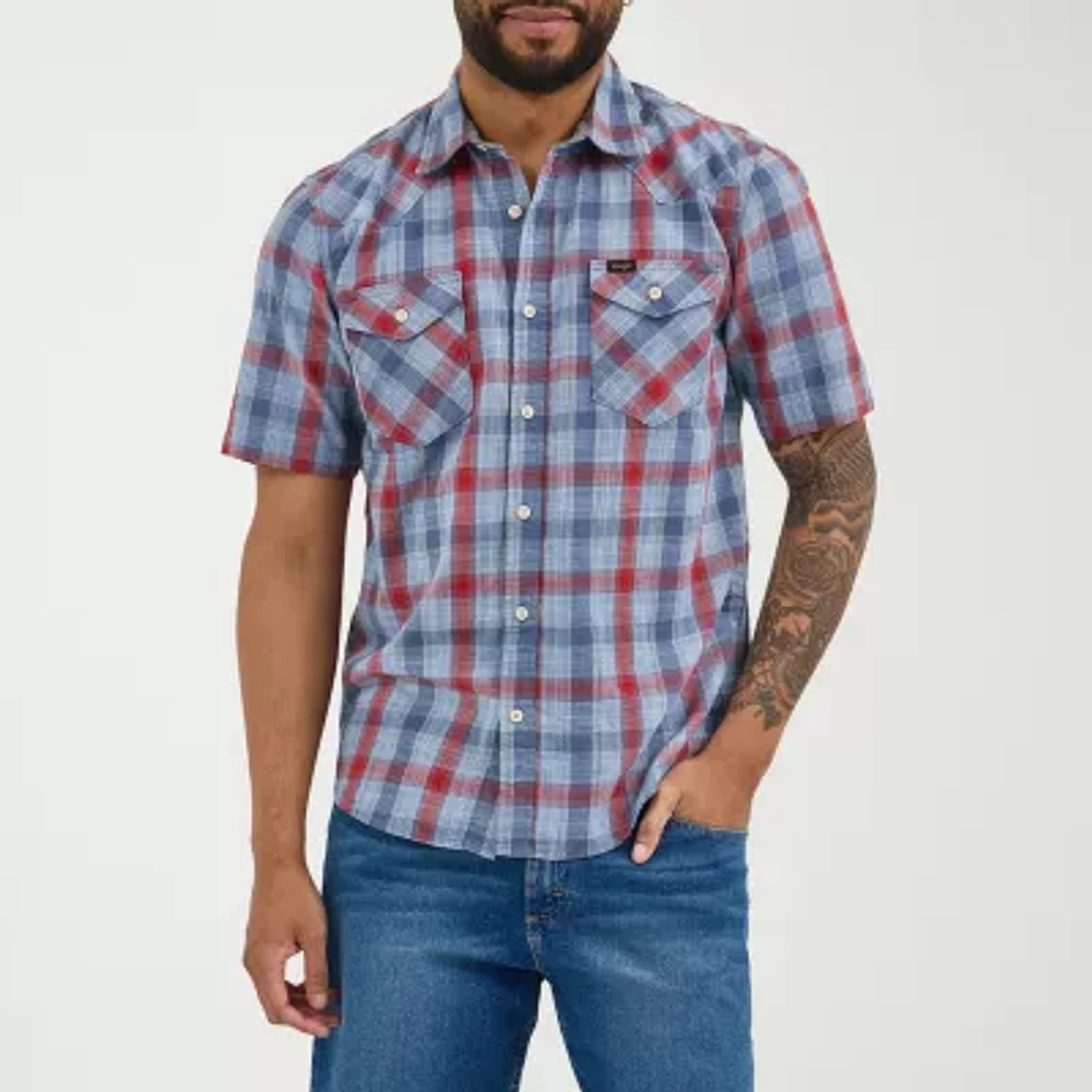 Wrangler Plaid Short Sleeve Wovens Mens Regular Fit Short Sleeve Plaid Button-Down Shirt