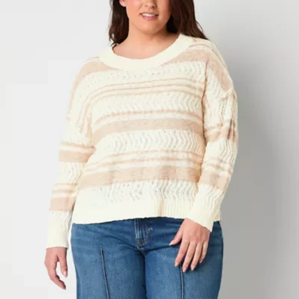 Frye and Co. Plus Womens Crew Neck Long Sleeve Striped Pullover Sweater