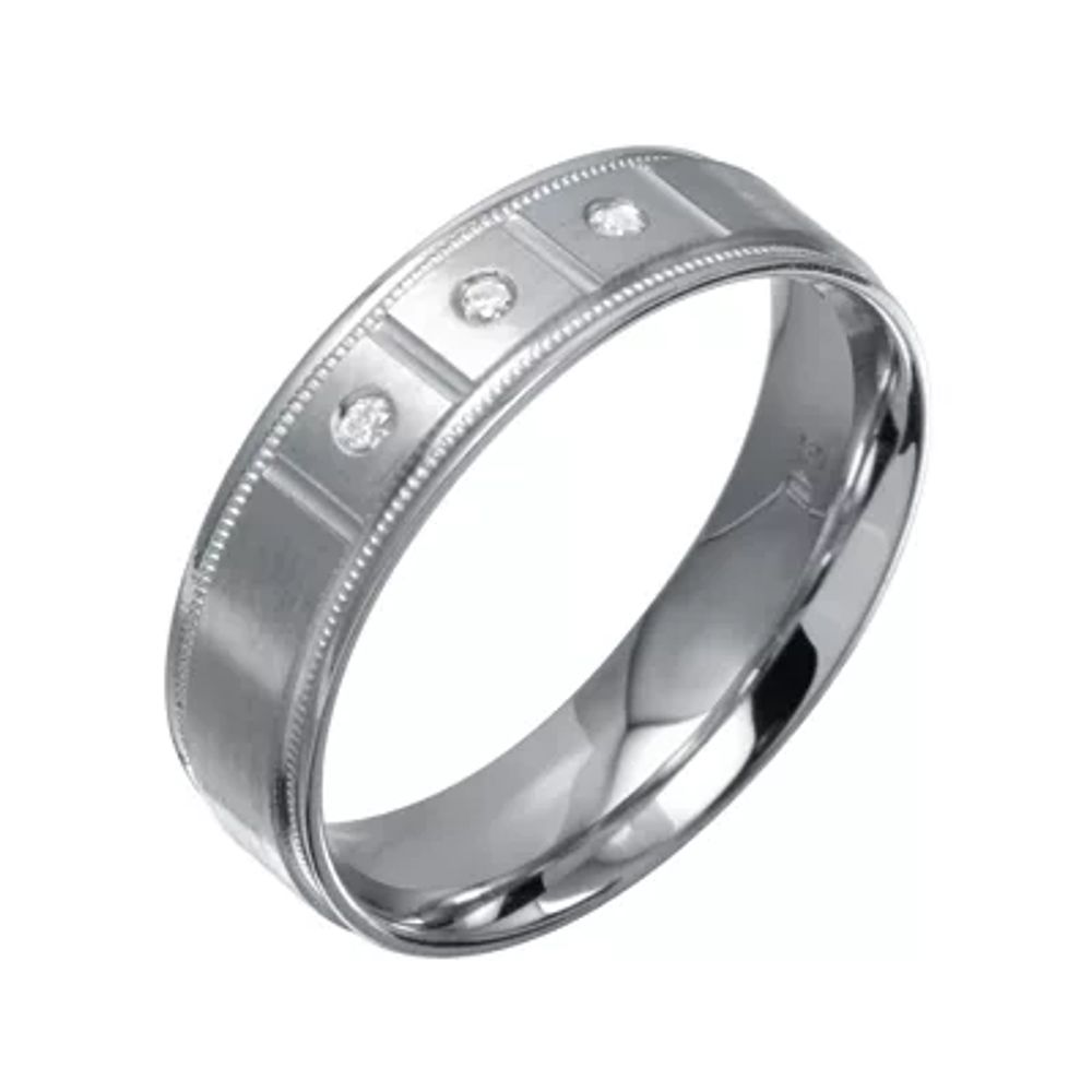 Mens 6mm Diamond-Accent 10K White Gold 3-Stone Wedding Band