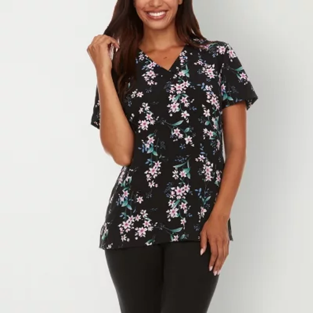 Sienna Love 2-Pocket Printed Floral Womens V Neck Short Sleeve Quick Dry Scrub Tops