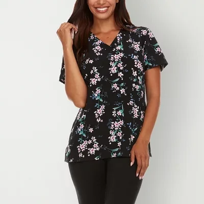 Sienna Love 2-Pocket Printed Floral Womens V Neck Quick Dry Short Sleeve Scrub Top