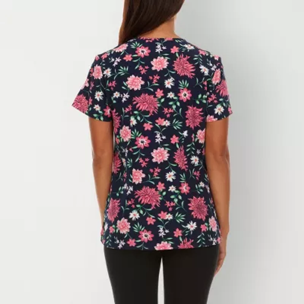 Sienna Love 2-Pocket Printed Fun Floral Womens V Neck Quick Dry Short Sleeve Scrub Top